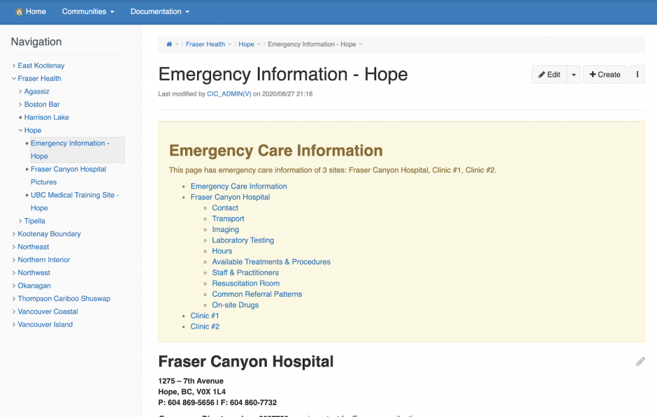 A screenshot of the emergency information for Hope.
