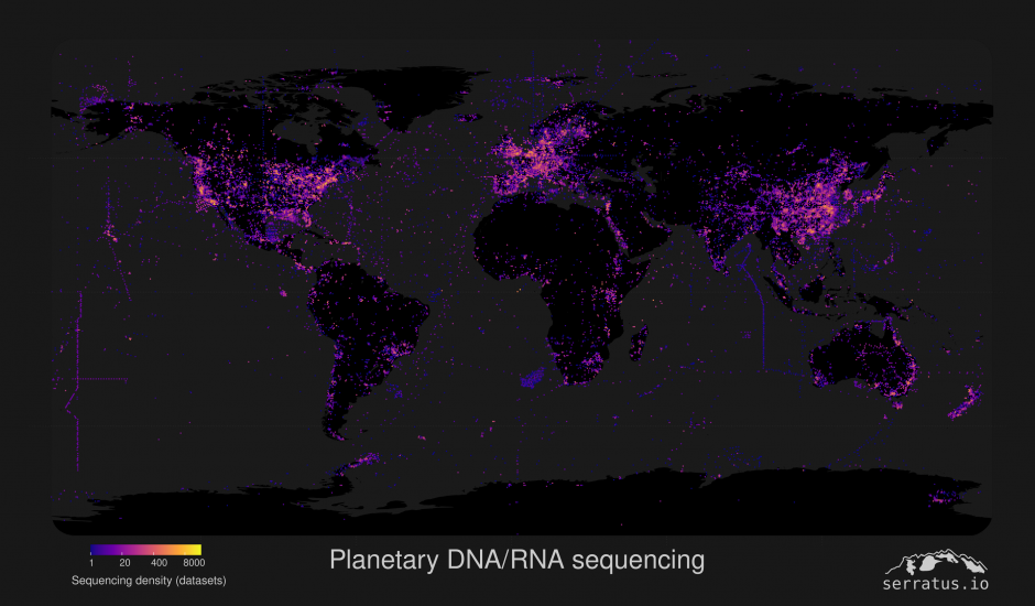 Planetary heatmap on the origins of public sequencing data in the Sequence Read Archive. 