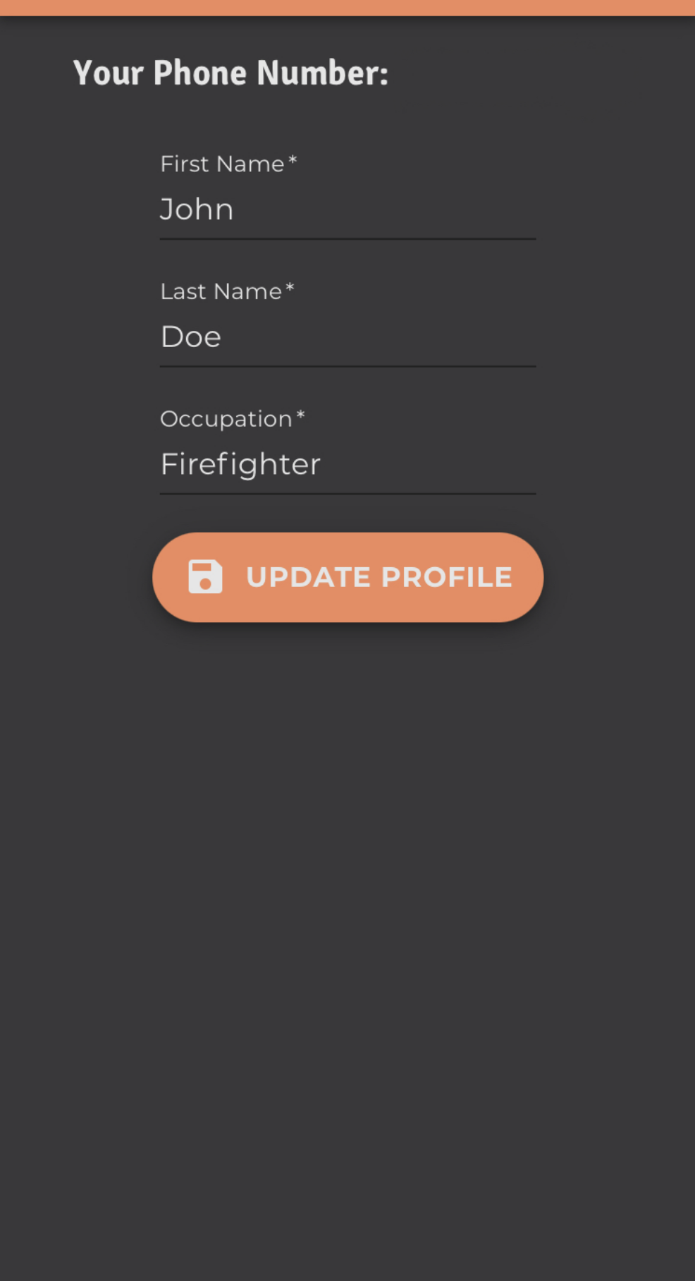 An image of an emergency responder's profile, where the phone number is listed and first name, last name, and occupation can be modified.