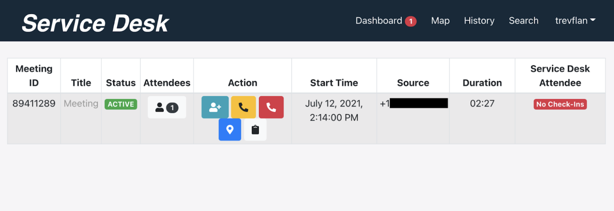 The image of the Service Desk shows a list of meetings and details including the meeting ID, title, status, attendees, action, start time, source duration, and service desk attendee.