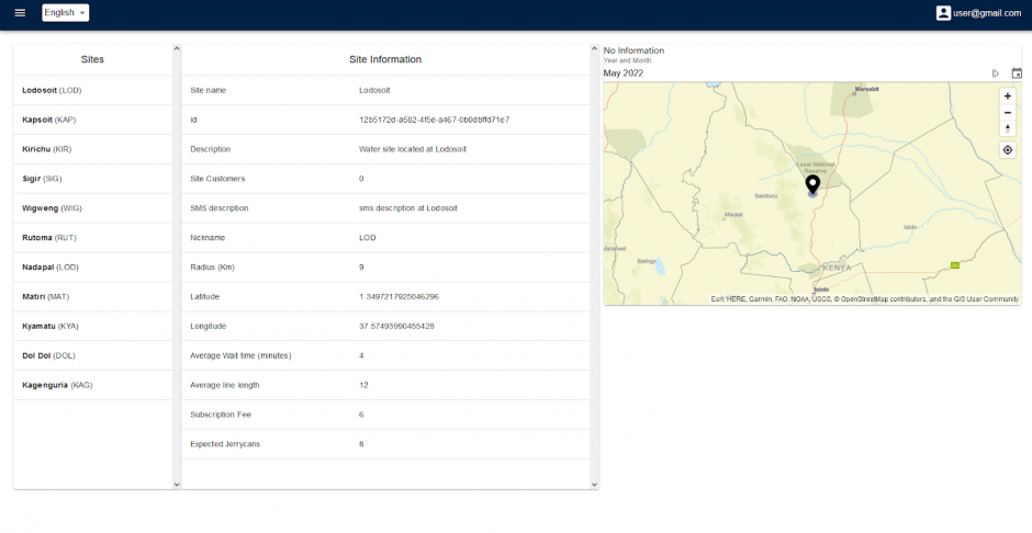 Picture of the web admin application dashboard includes a list of Sites on the left, then a panel in the middle of Site information, then a map on the right to show the Site's location.