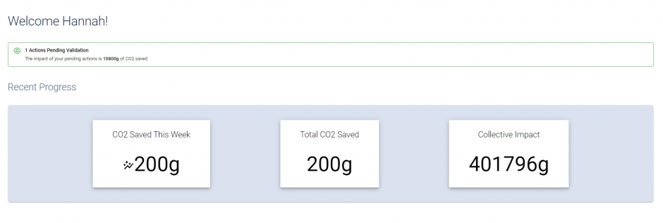 A screenshot of the home page, which shows how much CO2 the user has saved this week, in total, and the app's collective impact of saved carbon emissions.