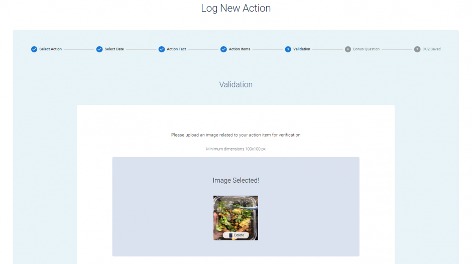 This is a screenshot of the "Log New Action" page, where a user is uploading a photo of their salad.