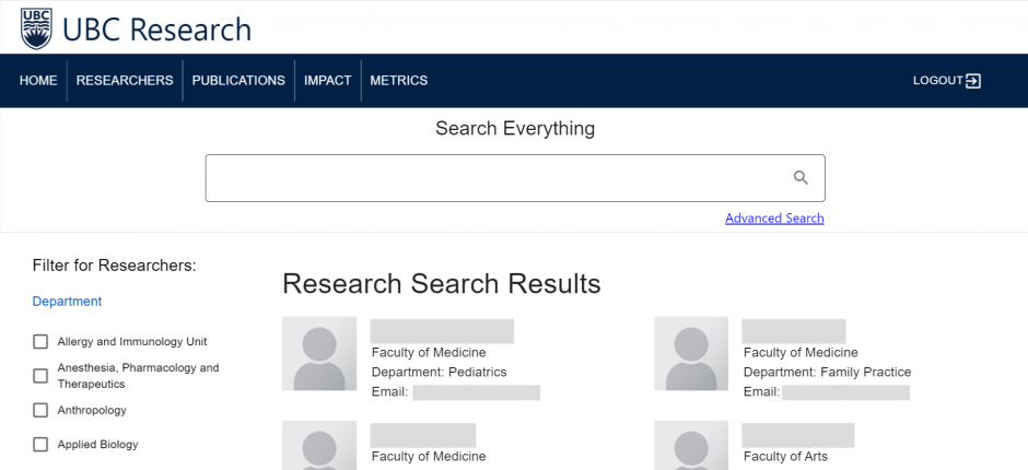 The landing page of the dashboard, which displays the tabs, the search bar, the logout button, and the default list of researcher profiles.