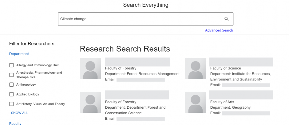 The researcher search bar, with "Climate change" typed in. Below it are the search results of different researchers who are related to the topic.