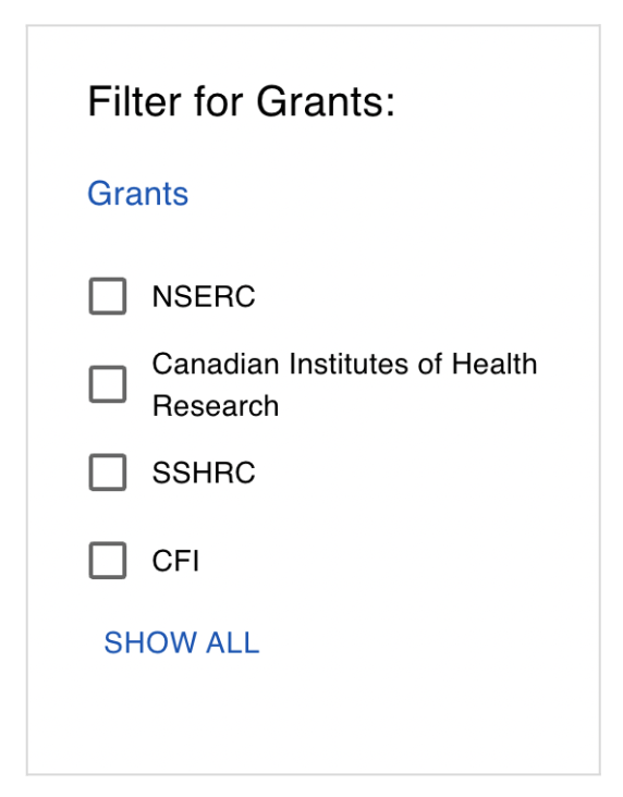 The filter for grants shows four options with checkboxes next to them by default, with a 'Show All' button underneath.