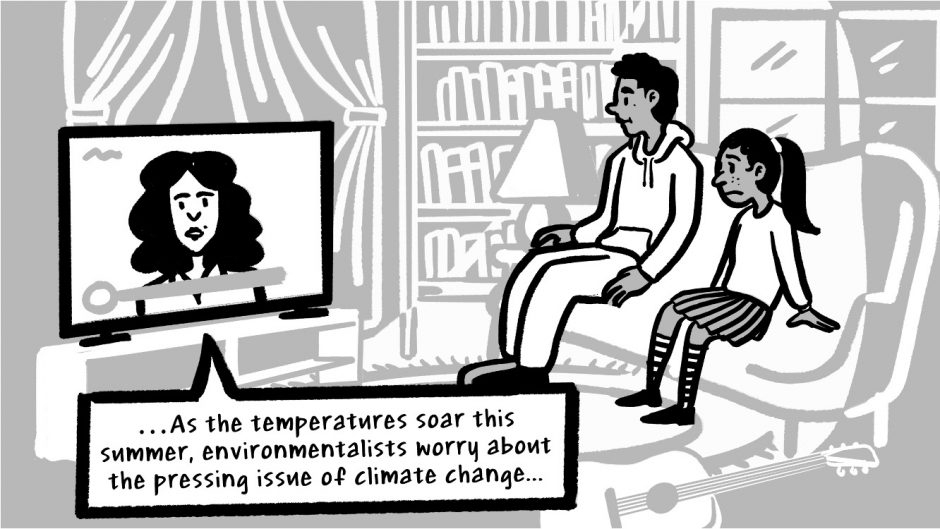 A young boy and girl watching the news at home as the news anchor says "as the temperatures soar this summer, environmentalists worry about the pressing issue of climate change."