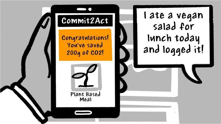 The boy says "I ate a vegan salad for lunch today and logged it!" while showing a close up of the app that says "congratulations! You've saved 200g of Co2!"