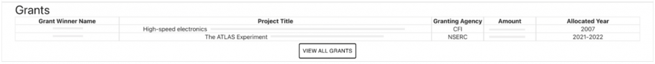 A table that shows a researcher's grant profile with columns labelled "Grant winner name", "project title", "granting agency", "amount", and "allocated year".