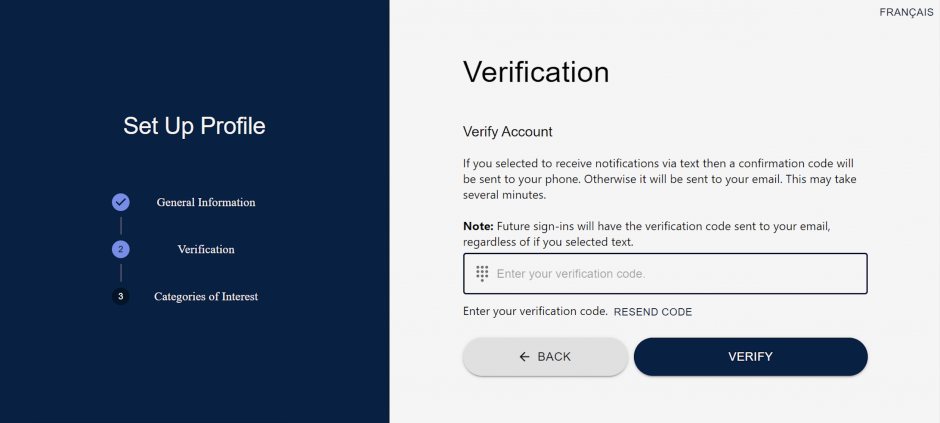 On the left of the registration page lists the steps required to register for an account. On the right is a window asking the subscriber to verify their account using a verification code.