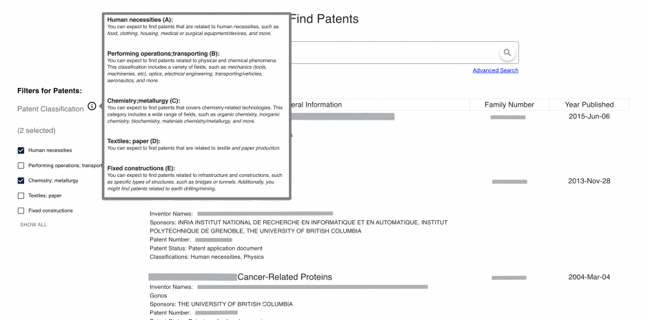 A screenshot of the portal UI. On the left is a filter for patents and a pop up that explains the patent classifications. In the UI's main component is the filtered results of patents.