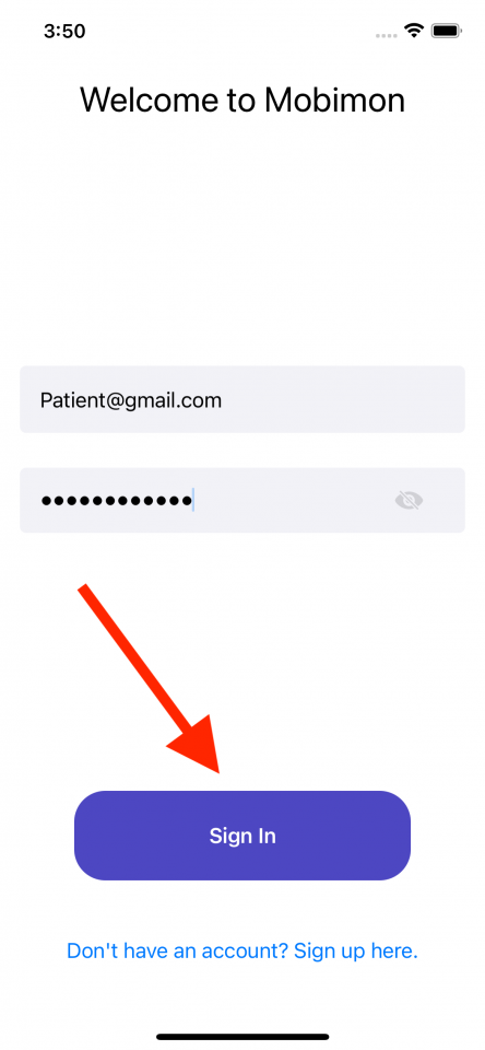 A screenshot of the patient sign in page on the iOS app.