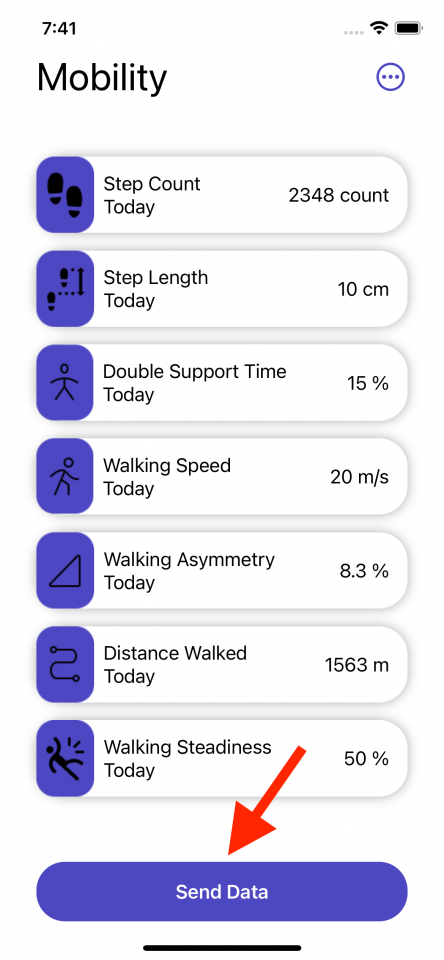 This image provides an example of what the Mobimon app looks like using sample data. It displays the complete list of mobility metrics patients can record and send to their caregivers.