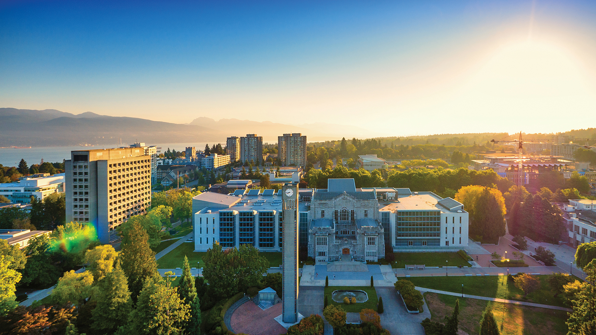 Aerial shot of the UBC Vancouver campus overlooking the Irving K. Barber Learning Centre.