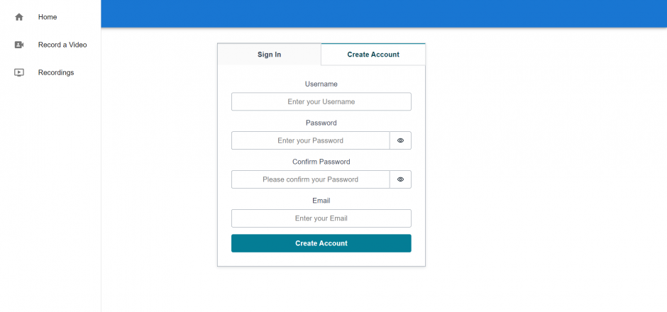 The home and login page of the Video Streaming Solution. User can sign in or create an account by inputting their personal data.