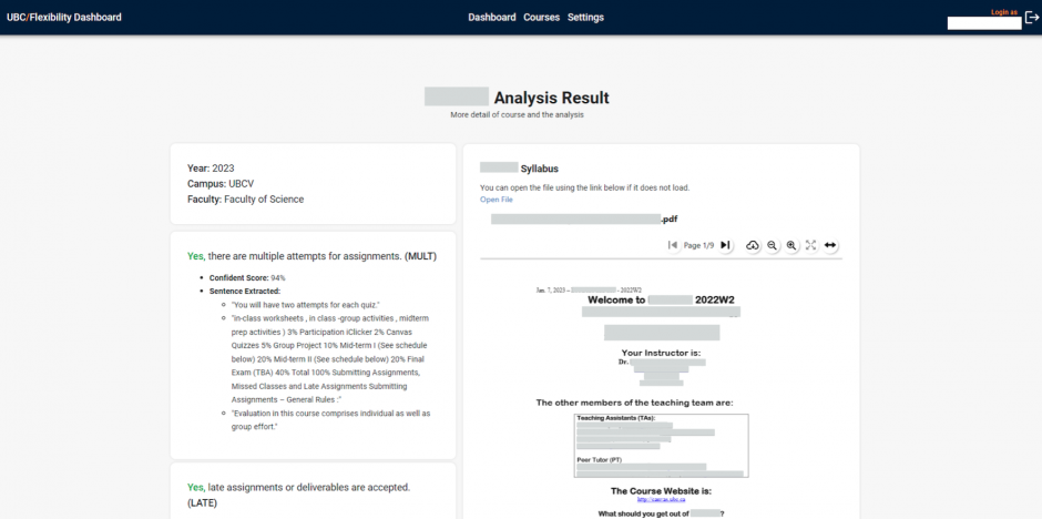 When users click on the arrow on the right of each row on the courses page, they are brought to this page that lists the analysis results in further detail. The top three semantically similar sentences extracted are listed for each guideline and a view of the syllabus is also available beside the results.