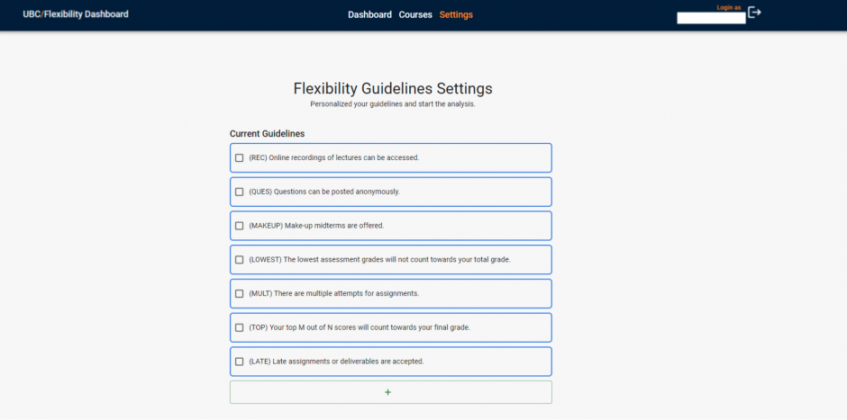 In the settings page, users can select or deselect the guidelines they want to analyze. Users can also add their own guidelines on this page.
