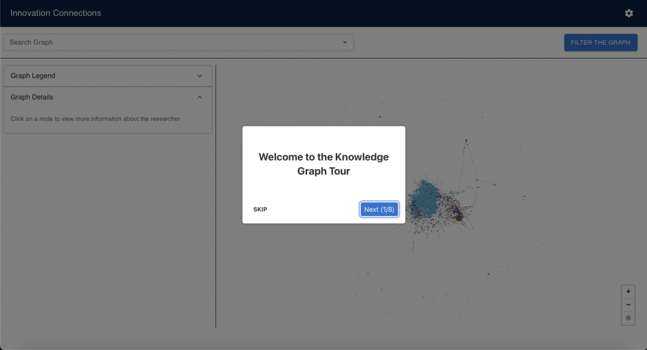 The last image of this gallery portrays a box that says 'Welcome to the Knowledge Graph Tour'. Below the text are the 'Skip' or 'Next' options users can select.