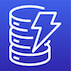 The icon representing AWS' DynamoDB service. The icon consists of a blue background with a cylinder and lightning bolt.