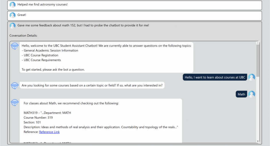 This image demonstrates an additional feature of the admin dashboard. If an admin clicks into a feedback item, it expands to show the full conversation between the chat bot and the user who provided the ratings