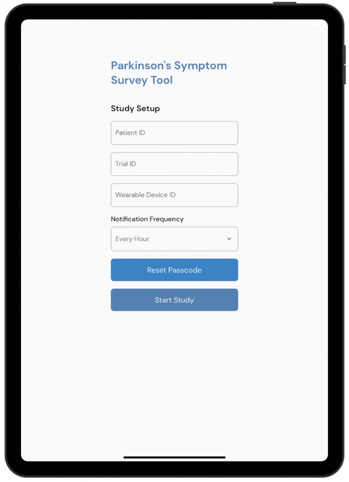 The Study Setup Page has fields for the admin to enter the Patient ID, Trial ID, Wearable Device ID, set notification frequency, and options to reset passcode and to start the study.