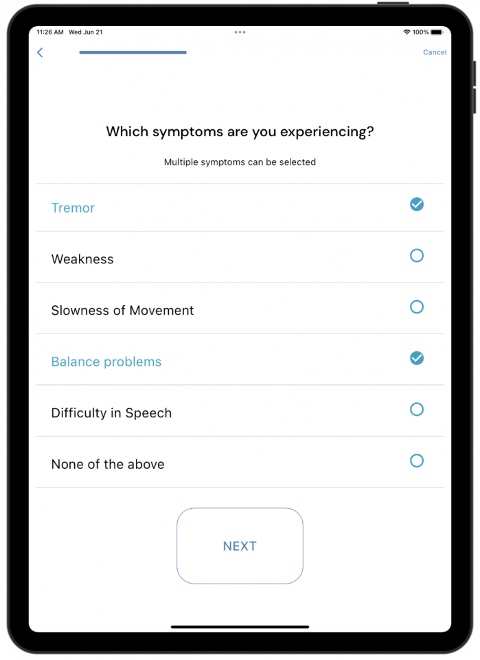 The survey page lists 5-6 symptoms for patients to select from based on the symptoms they were or are experiencing.