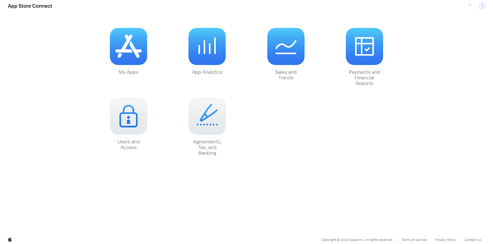 Another screenshot of the Apple App Store Connect UI, featuring My Apps, App Analytics, Sales and Trends, Payments and Financial Reports, Users and Access, Agreements, Tax, and Banking