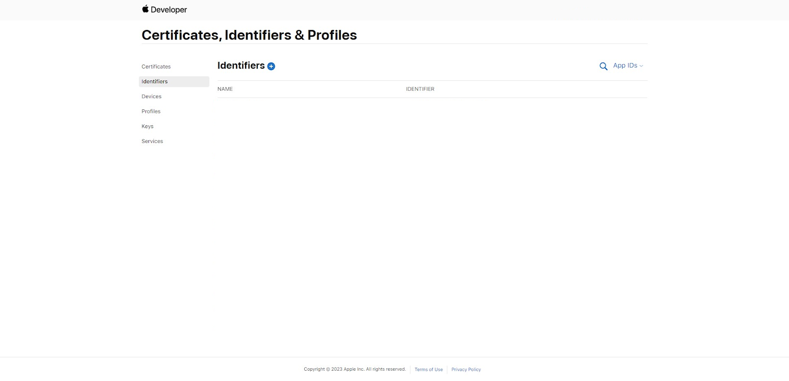Screenshot of the Apple Developer menu, under Certificates, Identifiers, and Profiles