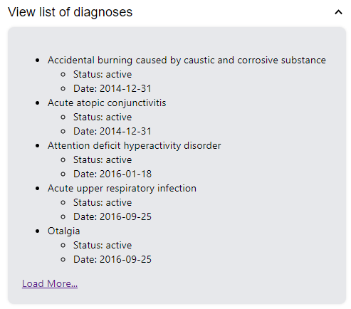 Diagnoses information, expanded. Comes from the Optimizing Sedation dashboard.