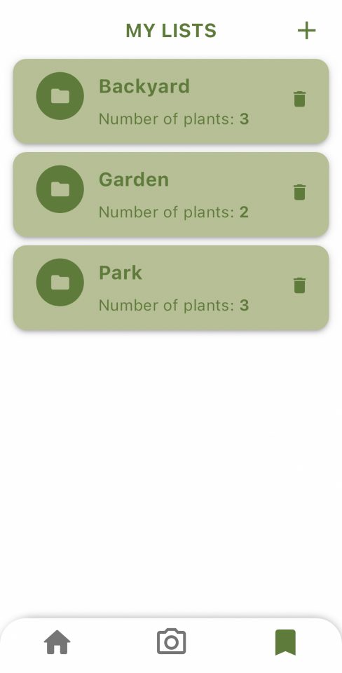 The mobile app's plant lists page