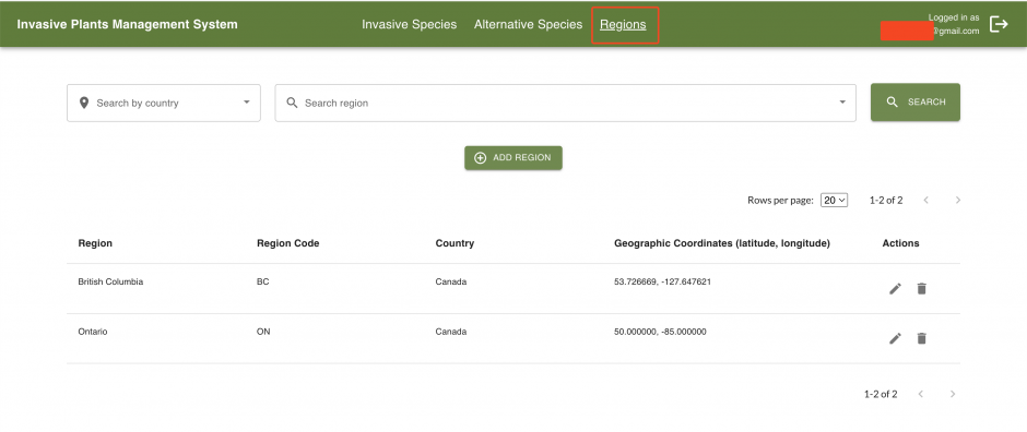 The admin dashboard's regions page