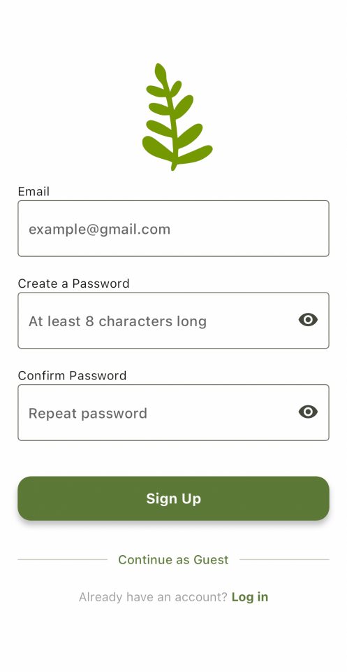 The mobile app's sign up page